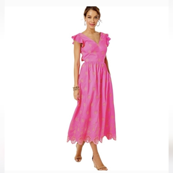 Lilly Pulitzer Lillyanne Midi Dress in Aura Pink Days Bloom Eyelet Sz 00 - Picture 7 of 7